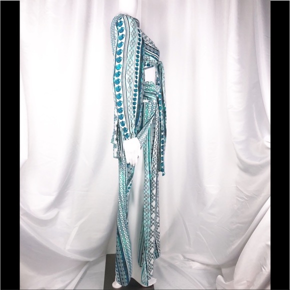 Zhu Ulma Minty Green Geo Paisley Print Crop Top Pant Set SzXS Wide Leg Side Wrap - Picture 6 of 16